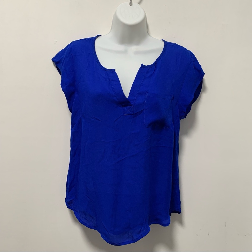 SilkLand  Vibrant Blue Cap Sleeve Notched Collar Blouse